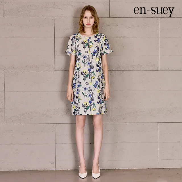 【en-suey 銀穗】鬆緊荷葉袖A-LINE印花洋裝-女