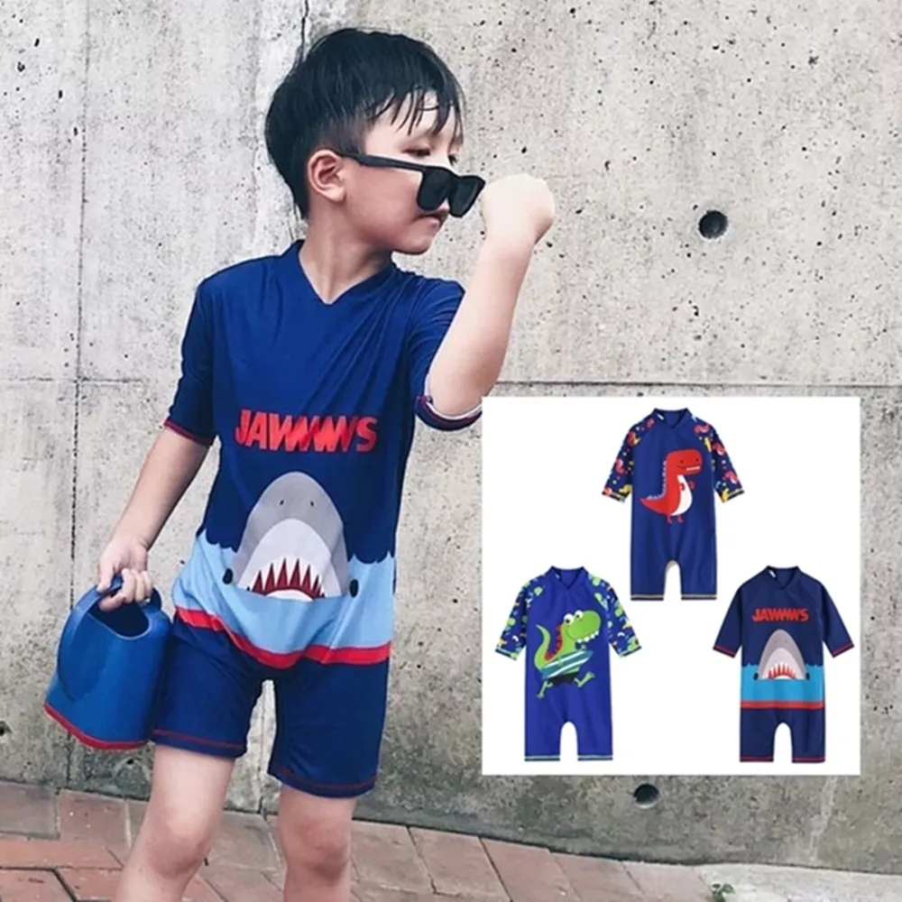 【橘魔法】衝浪恐龍 鯊魚 藍色紅龍插肩連身泳衣 小童 兒童 男童 連身泳裝 防曬 泳衣 海邊 玩水 游泳課