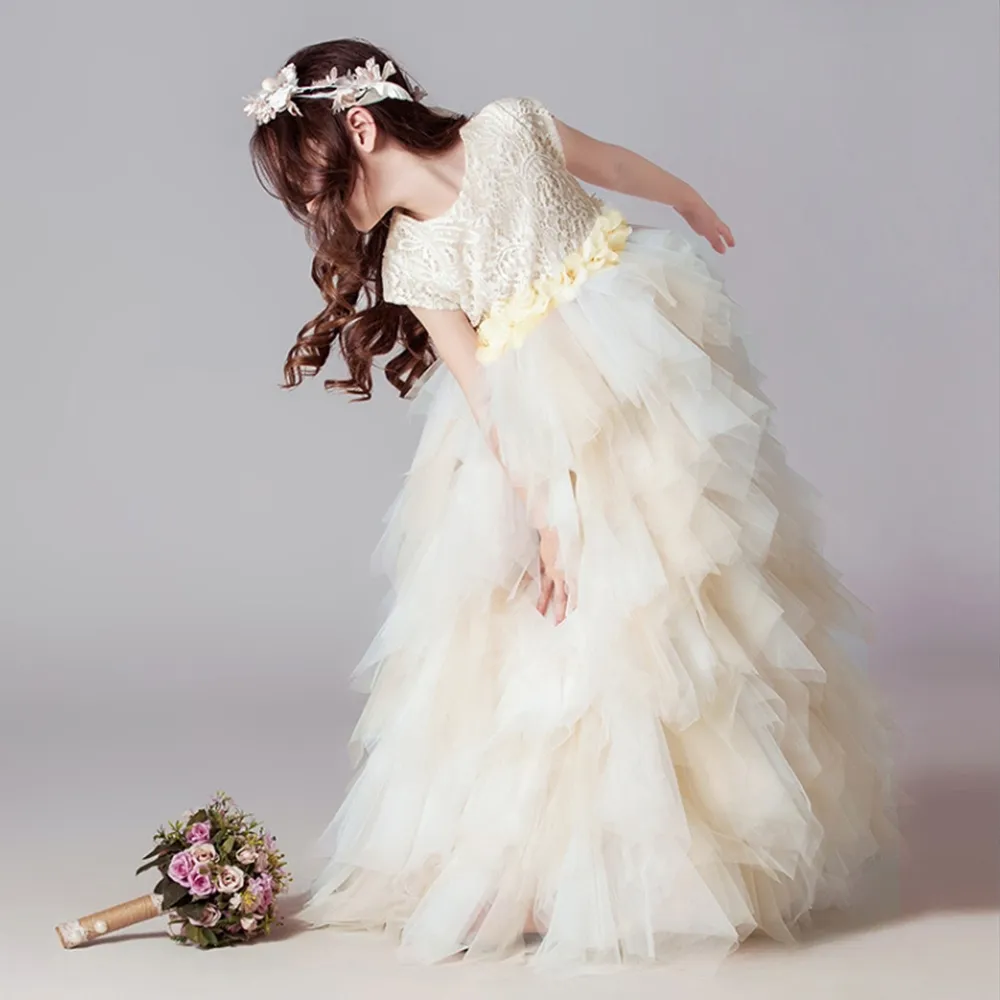 【橘魔法】氣質珍珠花朵蕾絲蛋糕澎澎長禮服 大童 女童 花童 童裝 兒童 畢業禮服 婚禮 洋裝 蓬蓬裙 拍照