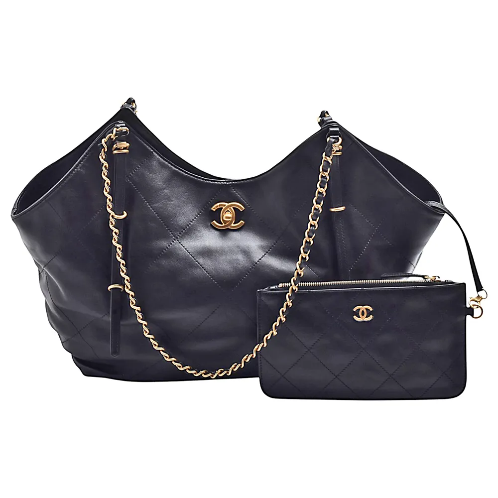 【CHANEL 香奈兒】經典雙C LOGO大菱格紋牛皮雙提把肩背包(黑色)