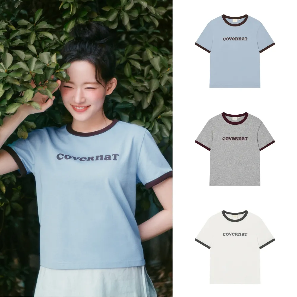 【COVERNAT】官方旗艦館 女款Logo滾邊T恤(WMS短袖上衣 YOON JI同款 霧藍/象牙白/混灰色)