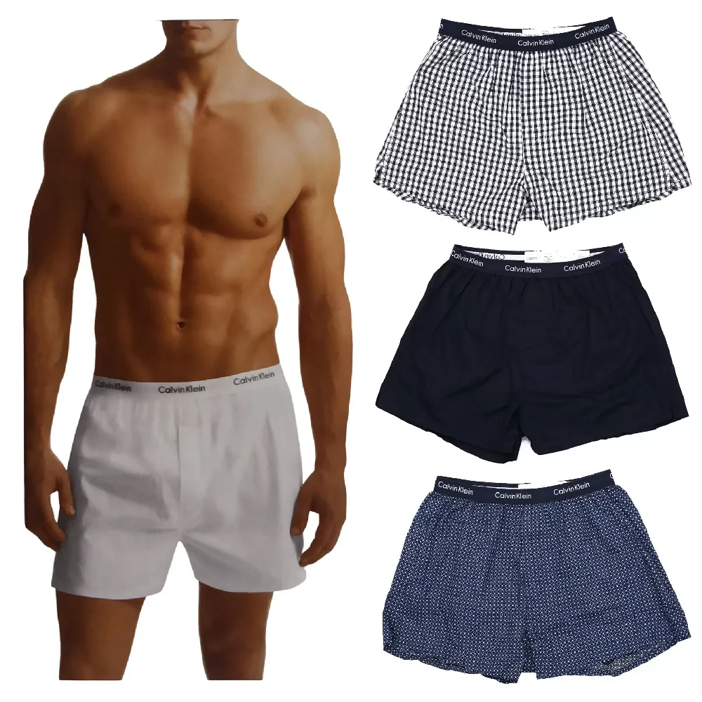 【CALVIN KLEIN】3件組 男純棉平織平口褲 CK男內褲(寬鬆內褲 棉質內褲 四角褲 透氣 男生內褲)