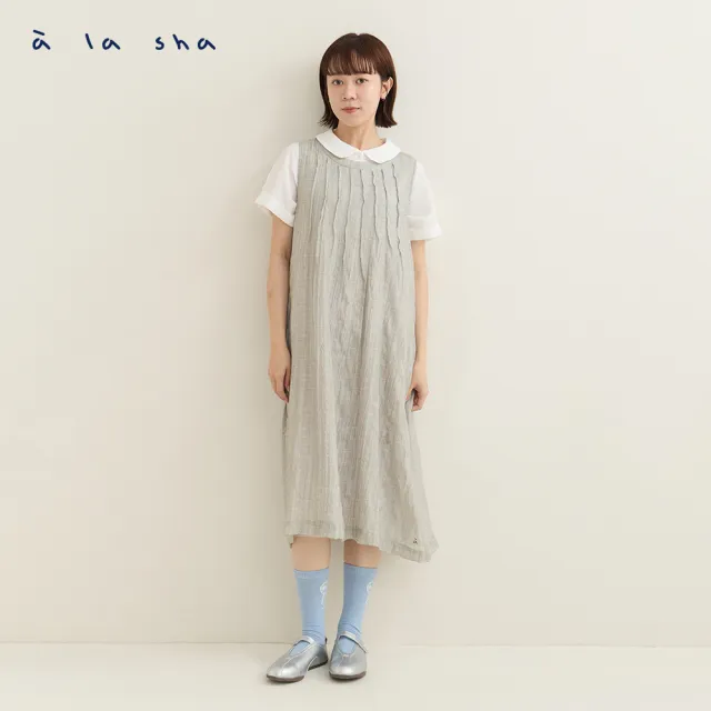 【a la sha】輕透格紋抓褶背心洋裝