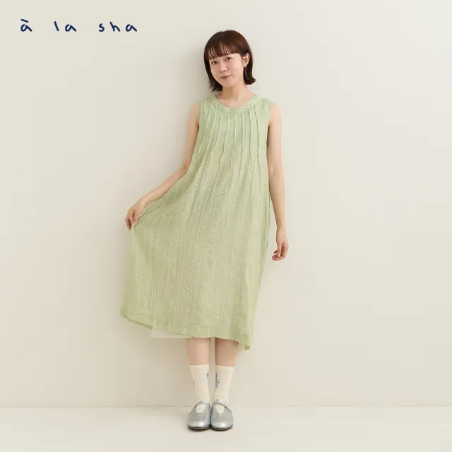 【a la sha】輕透格紋抓褶背心洋裝