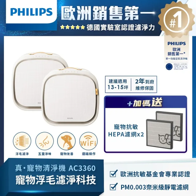 【Philips 飛利浦】毛小奈Lite 寵物空氣清淨機★適用13-15坪(AC3360/80)雙入組