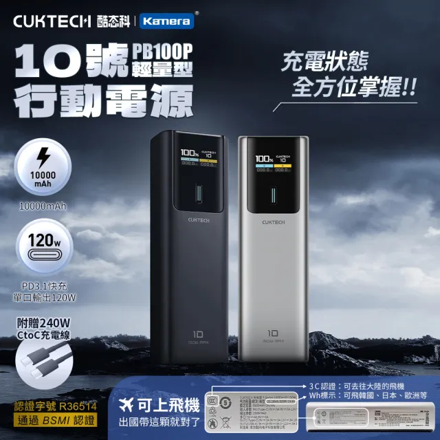 【CUKTECH】10號 10000mAh 150W 36Wh 1C1A 行動電源(PB100P 數顯 可充筆電 大陸3C認證 CCC)