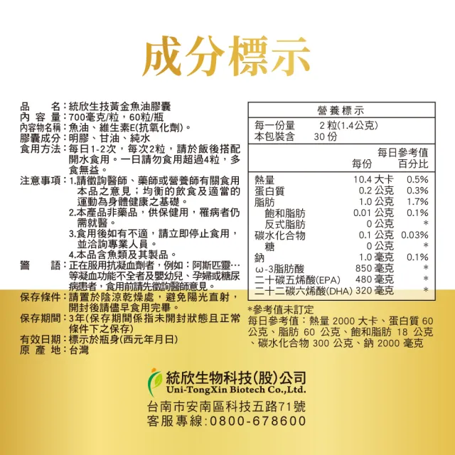 【統欣生技】85% Omega-3黃金魚油 3入組(60粒/入)