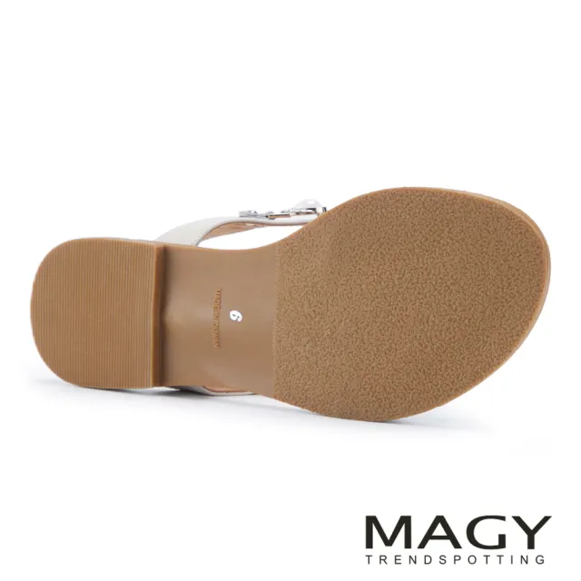 【MAGY】牛皮寶石裝飾平底涼鞋 米白