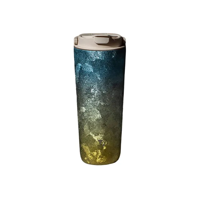 【Titanium 鈦造】純鈦跳跳杯 晶鈦暈彩系列-月牙天青 800ml 奶昔白蓋(鈦保溫杯 台灣鈦杯 鈦金屬 環保杯)