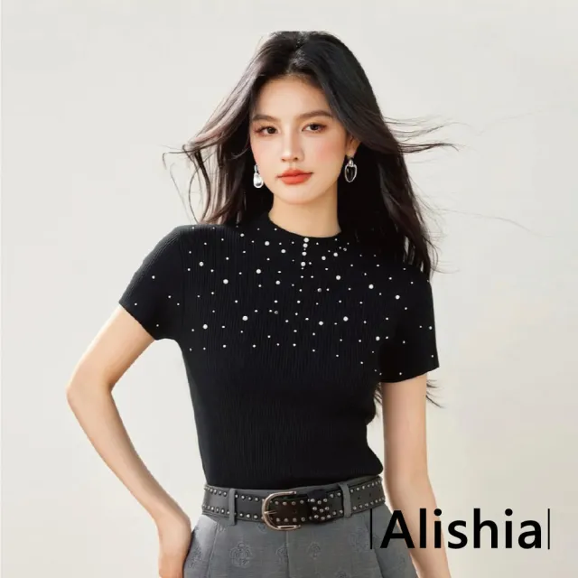 【Alishia】復古時尚純色質感珍珠短袖修身上衣 T恤 S-XL(黑色)