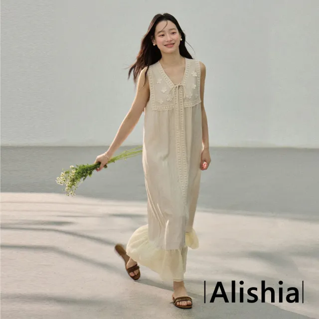 【Alishia】復古時尚拼接質感雕花V領背心連身裙 背心裙 洋裝 F(米色)