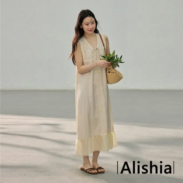 【Alishia】復古時尚拼接質感雕花V領背心連身裙 背心裙 洋裝 F(米色)