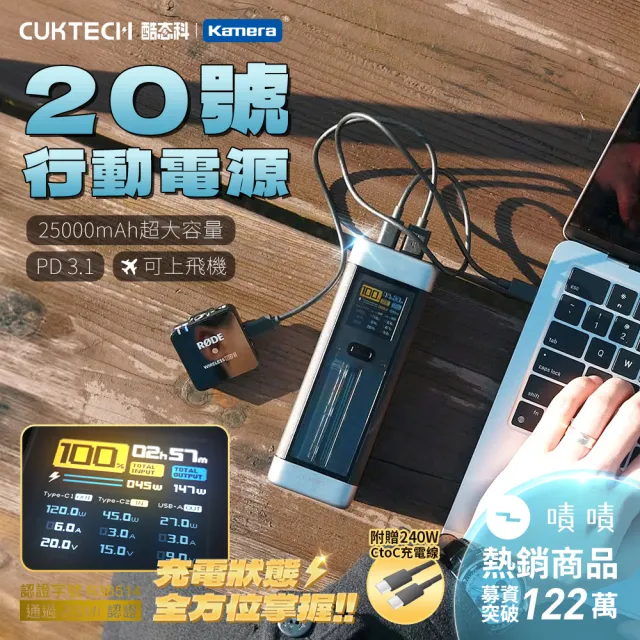 【CUKTECH 酷態科】20號 P23 25000mAh 90Wh 210W 2C1A三孔 大容量行動電源(數顯 可充筆電 大陸3C認證 CCC)