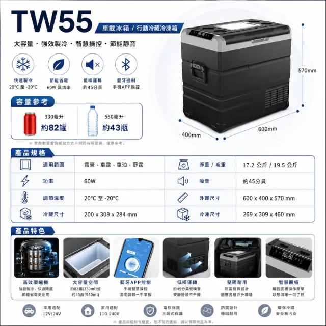 【Alpicool】冰虎 55公升 雙槽雙溫控行動冰箱 車用移動冰箱 露營 壓縮機 冷藏冷凍 TW55 總代理公司貨