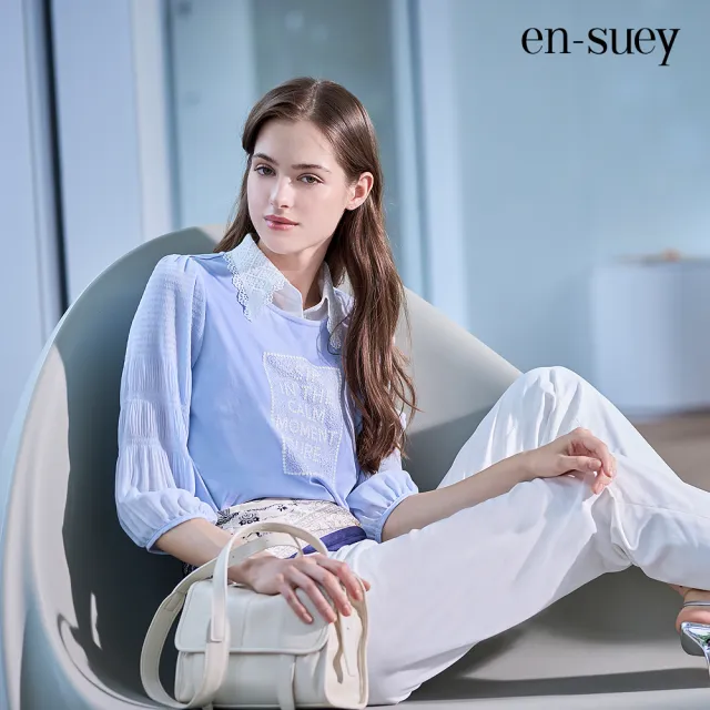 【en-suey 銀穗】EU異素材剪接發泡印T恤上衣-女