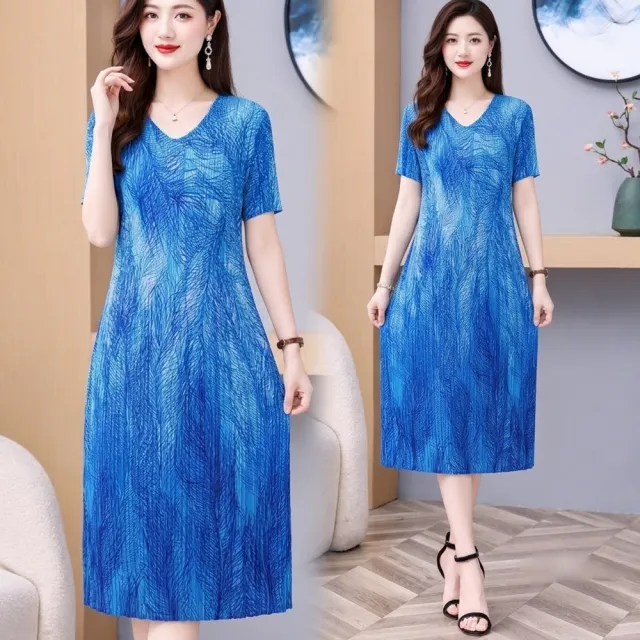 【巴黎精品】多款三宅風皺褶衣服洋裝寬鬆連身裙子長裙褶皺上衣印花摺衣折衣（壓褶大尺碼短袖女裝n2b17 B)