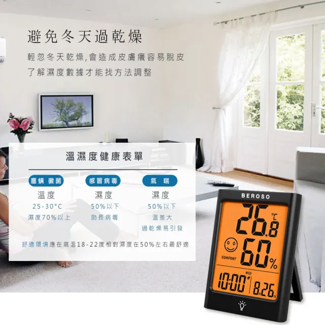 【Beroso 倍麗森】日式大螢幕可吸式多功能溫溼度計(時鐘 夜燈 鬧鐘 除舊佈新 開學 開學必備)