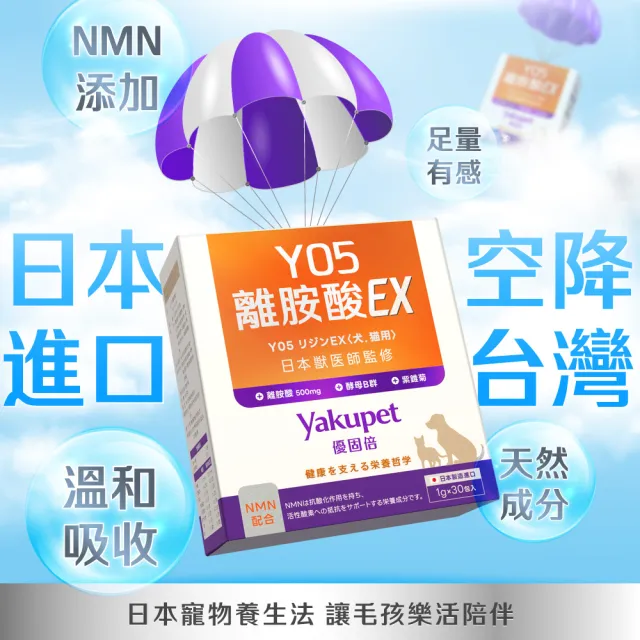 【Yakupet 優固倍】Y05離胺酸EX 1盒組30包(狗貓免疫力保健食品、狗貓離胺酸 含紫錐菊、酵母B群、NMN)