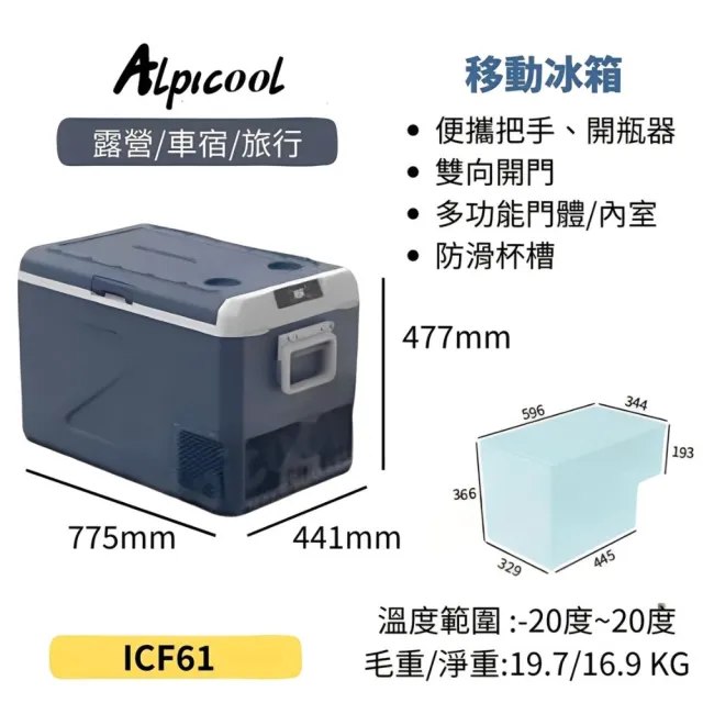 【Alpicool】冰虎 61公升 單槽行動冰箱 車用移動冰箱 露營 壓縮機 冷藏冷凍 保冰加強款 ICF61 總代理公司貨