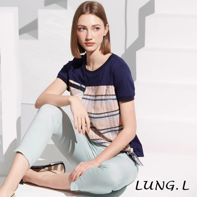 【LUNG.L 林佳樺】LS20A 藍色素面針織拼接格短袖女裝上衣