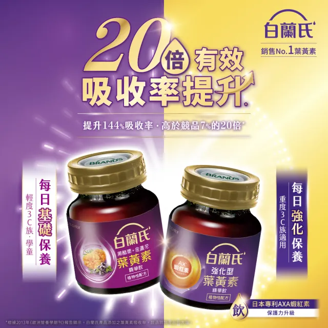 【白蘭氏】強化型葉黃素精華飲 60ml*6入*3盒 共18入(添加珍貴蝦紅素 強化舒緩 全方位晶亮保護)