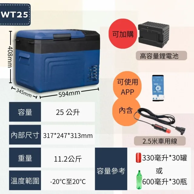 【Alpicool】冰虎 25公升 單槽行動冰箱 車用移動冰箱 露營 壓縮機 冷藏冷凍 鋰電池 WT25 總代理公司貨
