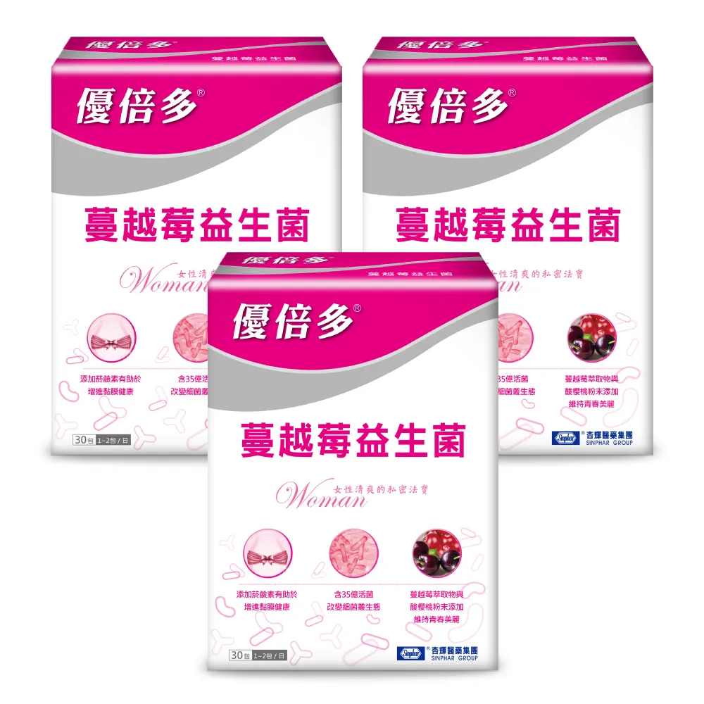 【YouBest 優倍多】蔓越莓益生菌 3入(共90包-順暢益生菌.保證35億活菌.菸鹼素 專利私密益菌 女性專用益生菌