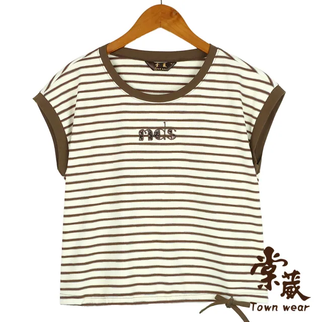 【TOWN’WEAR 棠葳】條紋亮片刺繡抽繩上衣 2色(女上衣/女上著/短袖/拼接/條紋/休閒/t恤)