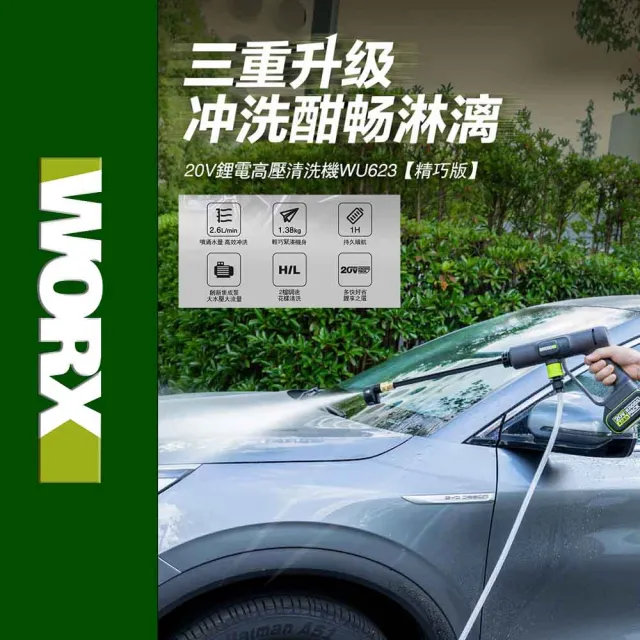 【WORX 威克士】20V 無線高壓清洗機 WU623.3(高壓清洗機 便攜式清潔機 鋰電高壓洗車機 無線高壓洗車機)