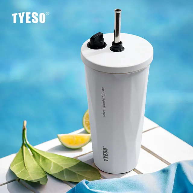【TYESO】日規設計 雙色漸層鑽石吸管彈跳隨行杯470ml(折疊吸管/防漏/304不鏽鋼/保溫/保冷/附提手底套)