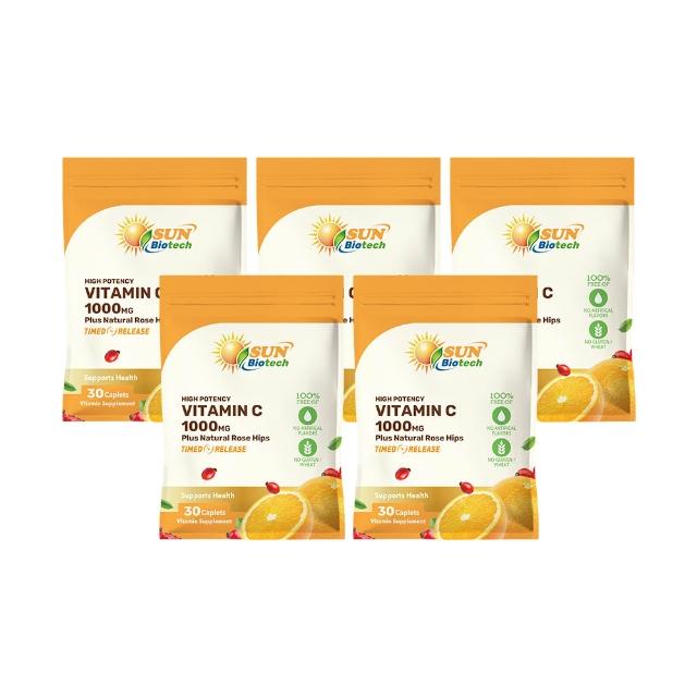 即期品【Sun 日落恩賜】緩釋型C 1000MG Plus玫瑰果錠5袋組(共150錠)
