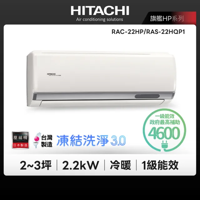 【HITACHI 日立】2-3坪旗艦R32WiFi一級變頻冷暖2.2kW分離式空調(RAC-22HP/RAS-22HQP1)