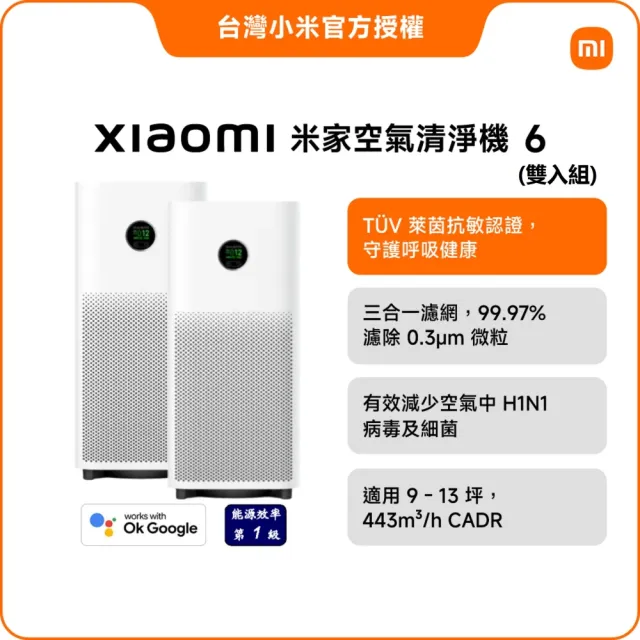 【小米】雙機組Xiaomi米家空氣清淨機 6 (小米官方授權代理/10-15坪適用/一年保固/米家APP/ AC-M25-SC)