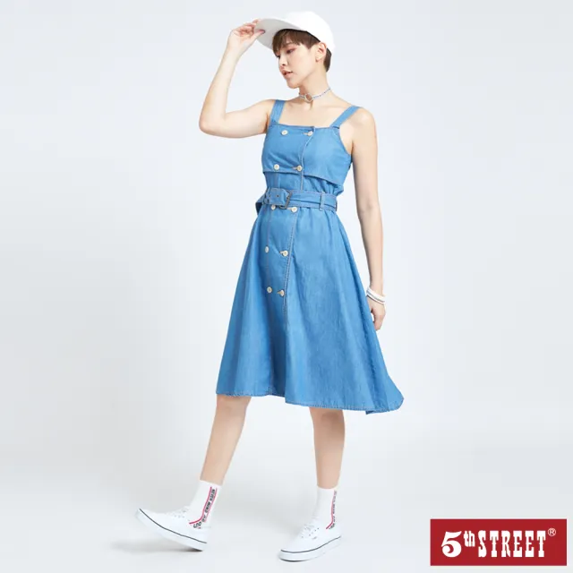 【5th STREET】雙11 女鈕扣女吊帶背心裙-中古藍