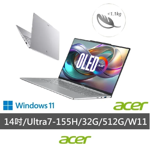 【Acer】微軟M365組★14吋CU7 極致輕薄3K OLED AI筆電-銀(Swift Air/SFA14-71M-791S/Ultra7-155H/32G/512G)