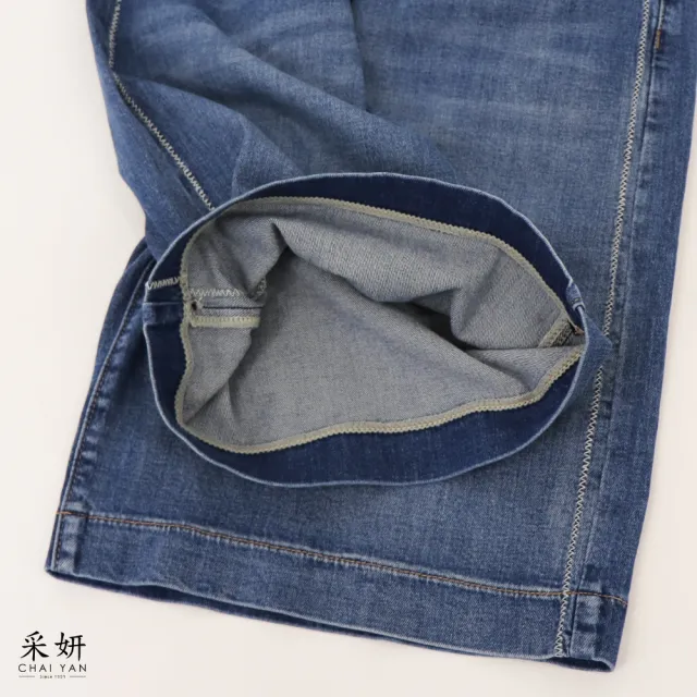 【CHAI YAN 采妍】復古水洗後皮標牛仔五分褲(春夏女裝/中大尺碼/牛仔褲/休閒褲/寬褲/短褲)