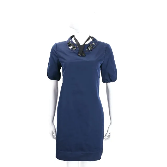 【MaxMara】’S Max Mara 藍色洋裝 鑽飾領設計 短袖絲緞連身裙(義大利精品時裝品牌)