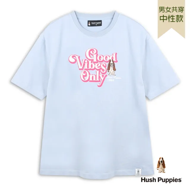【Hush Puppies】男女共穿 T恤 美式造型文字刺繡狗T恤 (灰藍 / 64211801)