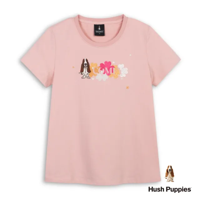 【Hush Puppies】女裝 T恤 造型花朵文字刺繡狗T恤 (淺粉紅 / 64211109)
