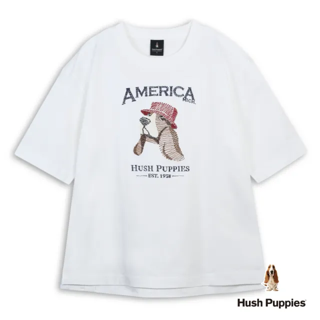 【Hush Puppies】男裝 T恤 漁夫帽狗線條刺繡寬版T恤 (白色 / 64111104)