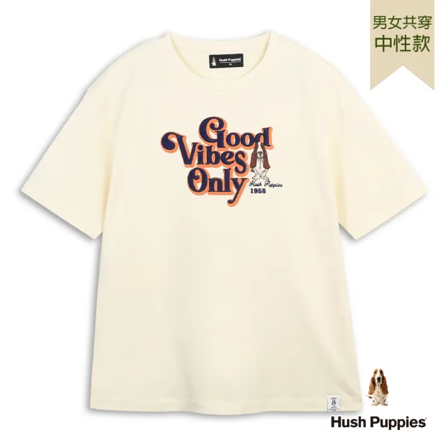 【Hush Puppies】男女共穿 T恤 美式造型文字刺繡狗T恤 (米白 / 64211801)