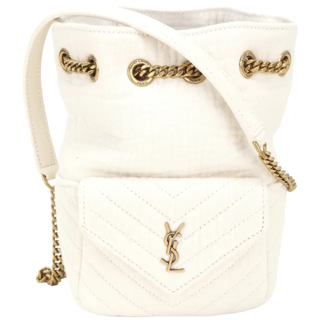 【YSL】Saint Laurent JOE V型絎縫帆布 鍊帶肩斜背水桶包(白色)