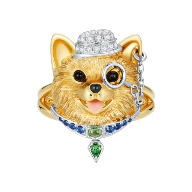 月輝珠寶 20分頂級培育鑽石(F/VVS) 藍寶石 沙弗萊石 18K金戒指 手工拉絲工藝 萌寵系列 柯基造型