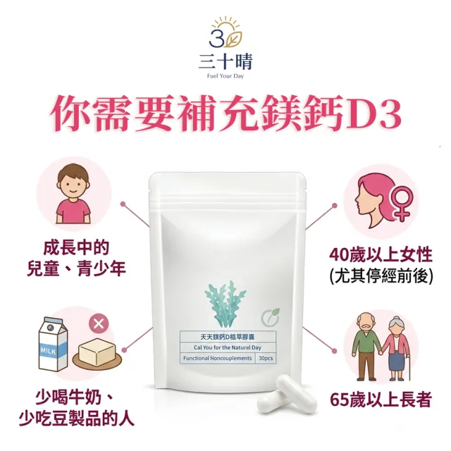【三十晴】天天鎂鈣D植萃膠囊x1袋｜海藻鈣 × 海水鎂 × 維生素D3 × 維生素K2 × 酵母鋅