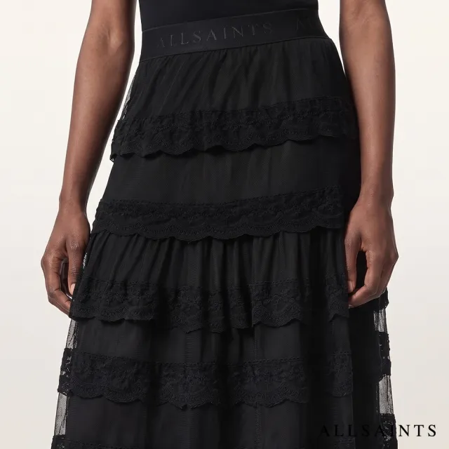 【ALLSAINTS】MAGGIE 多層蕾絲薄紗拼接長裙-黑 W100RF(常規版型)