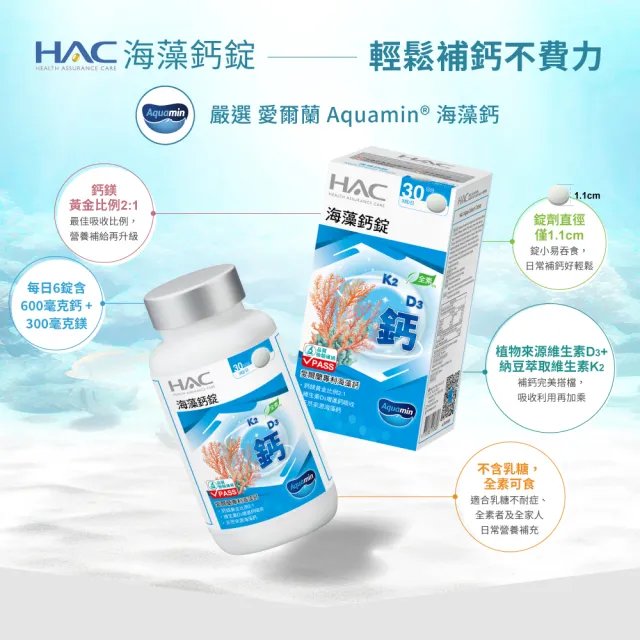 【永信藥品】HAC 海藻鈣錠4瓶組(360錠 /4個月份/ 愛爾蘭天然來源海藻鈣/11mm錠小易吞食)