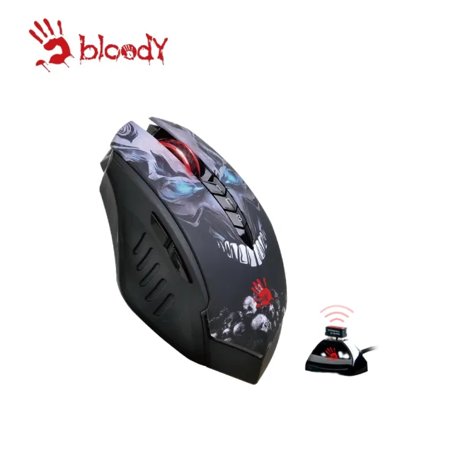 【A4 Bloody 雙飛燕】R80光微動鋰充無線電競滑鼠_鬼臉(已激活/附接收器加贈USB充電線)