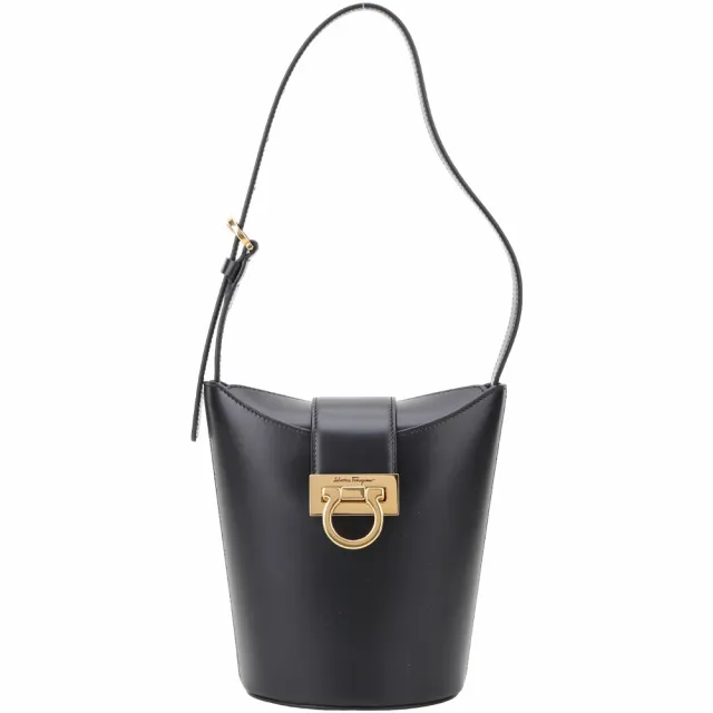 【Salvatore Ferragamo】Trifolio 馬蹄金釦牛皮肩背水桶包(黑色)