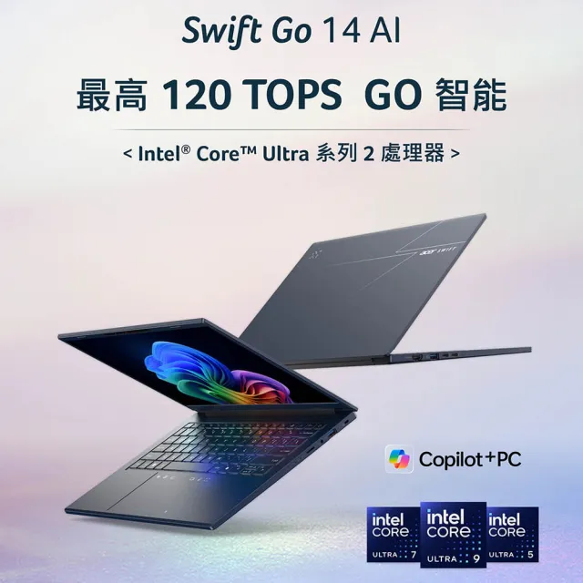 【Acer 】65W快充組★14吋Ultra 7 Copilot+輕薄AI筆電(Swift Go/SFG14-75-766J/Ultra7-258V/32G/512G/W11)