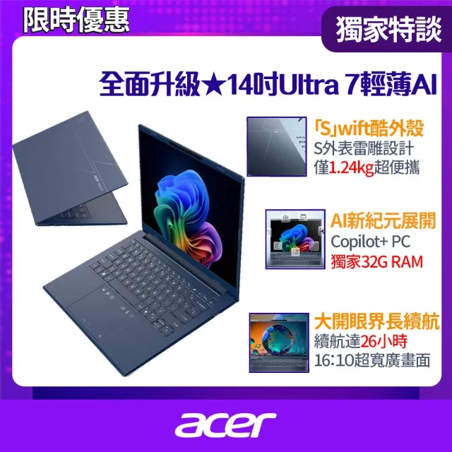 【Acer 】65W快充組★14吋Ultra 7 Copilot+輕薄AI筆電(Swift Go/SFG14-75-766J/Ultra7-258V/32G/512G/W11)